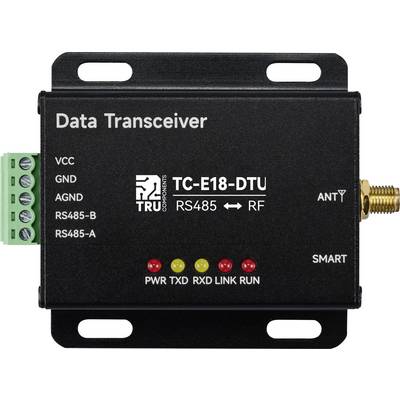 'Data Transceiver TC-E18-DTU' mit Anschlüssen und LEDs: 'PWR', 'TXD', 'RXD', 'LINK', 'RUN'. Unterstützt RS485 zu RF-Verbindung.