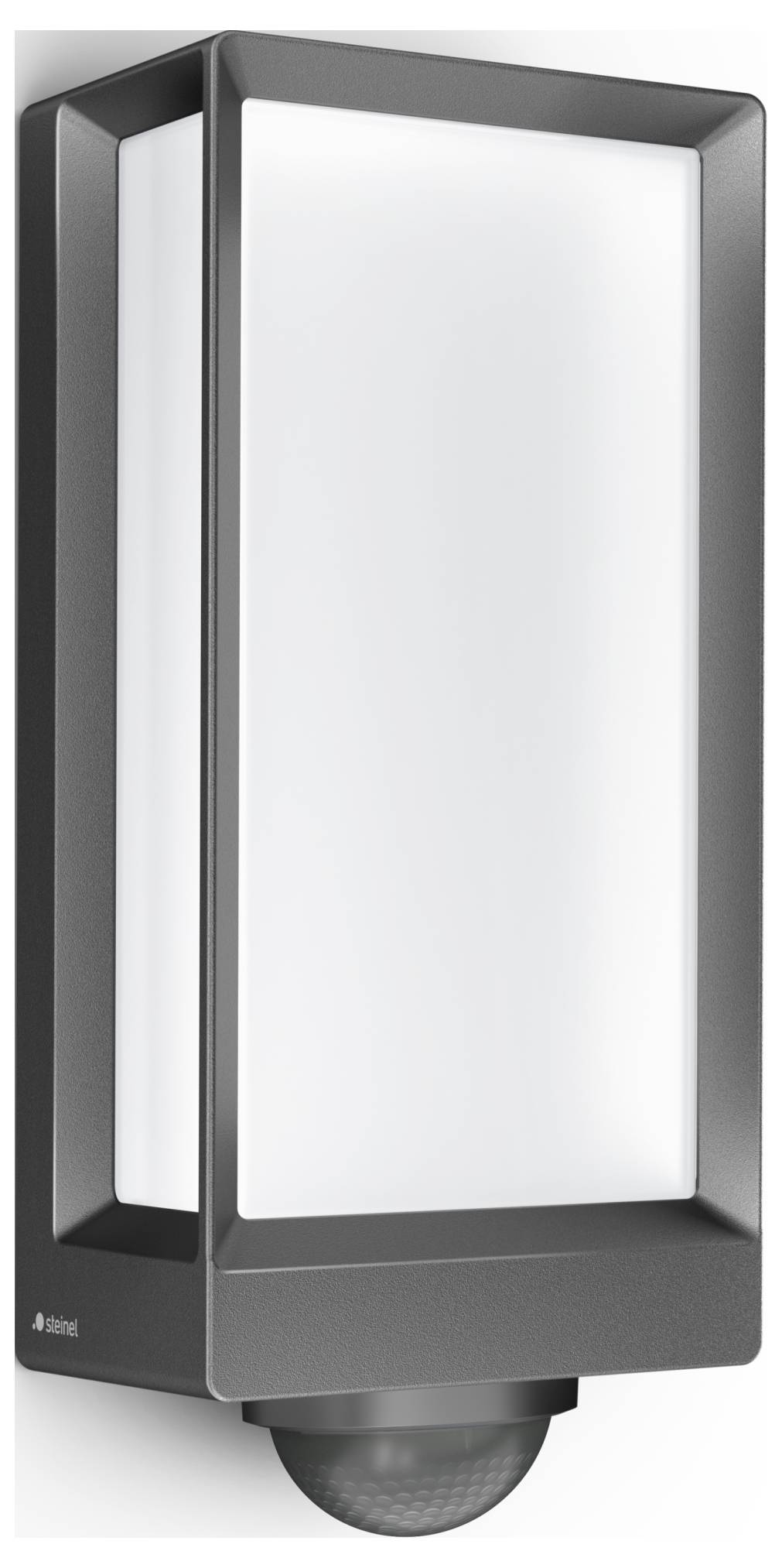 Schwarz-weiße Außenleuchte mit rechteckigem Design. Obere Hälfte beleuchtet, untere Hälfte enthält einen Bewegungssensor. Geeignet für Außenwände.