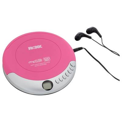 Ein pinker tragbarer CD-Player mit schwarzen Kopfhörern. Aufschrift: 'mp3', 'ANTI-SKIP PROTECTION', 'AUTO RESUME'.