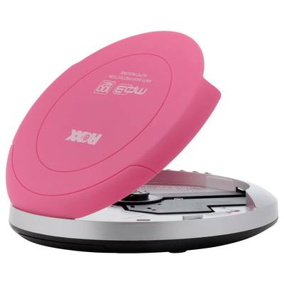 Ein tragbarer, rosa CD-Player mit geöffnetem Deckel. Sichtbar ist das Fach für eine CD, jedoch keine eingelegte Disc.