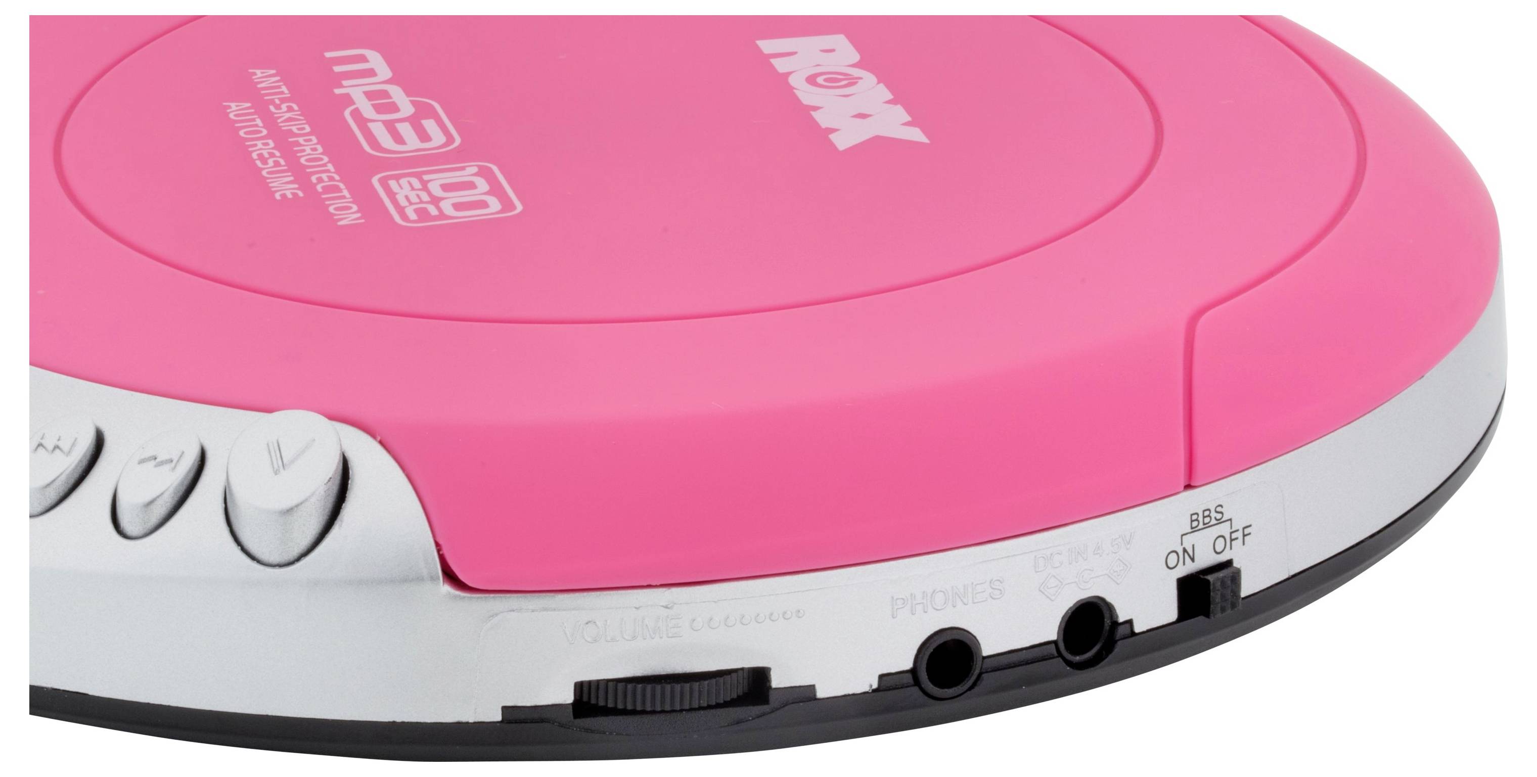 Ein pinker tragbarer CD-Player mit MP3-Wiedergabe. Auf der rechten Seite befinden sich Kopfhöreranschlüsse und ein Ein/Aus-Schalter.
