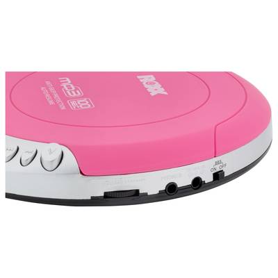 Ein pinker tragbarer CD-Player mit MP3-Wiedergabe. Auf der rechten Seite befinden sich Kopfhöreranschlüsse und ein Ein/Aus-Schalter.
