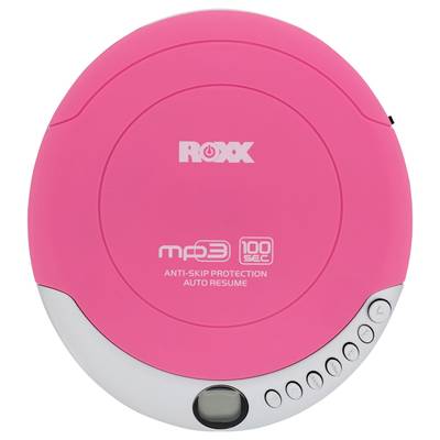 Ein rosa tragbarer CD-Player mit der Aufschrift 'ROXX', Funktion für Anti-Skip-Schutz und automatisches Fortsetzen auf dem Deckel.