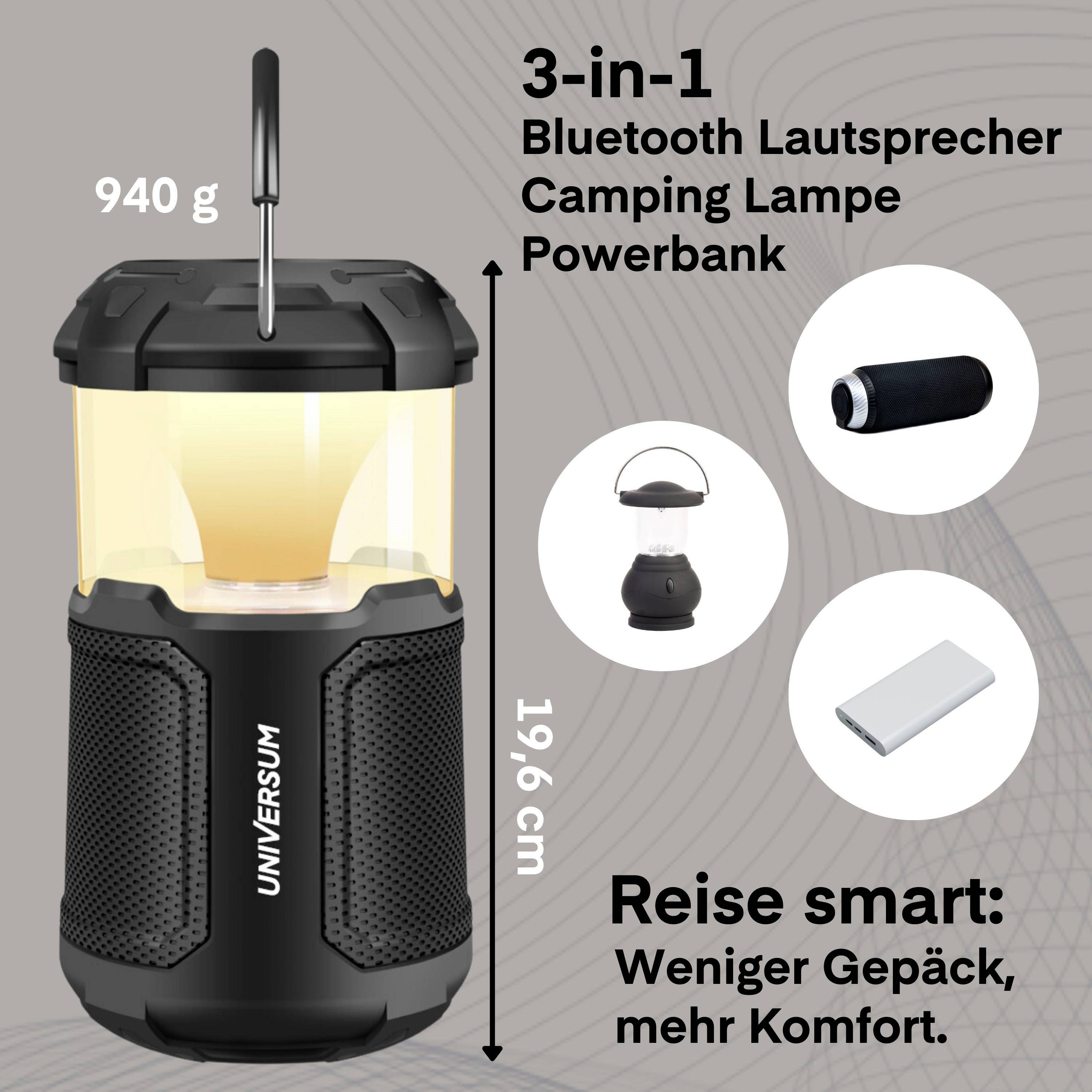'3-in-1 Bluetooth Lautsprecher, Campinglampe, Powerbank. Wiegt 940 g, 19,6 cm hoch. Text: Reise smart: Weniger Gepäck, mehr Komfort.'