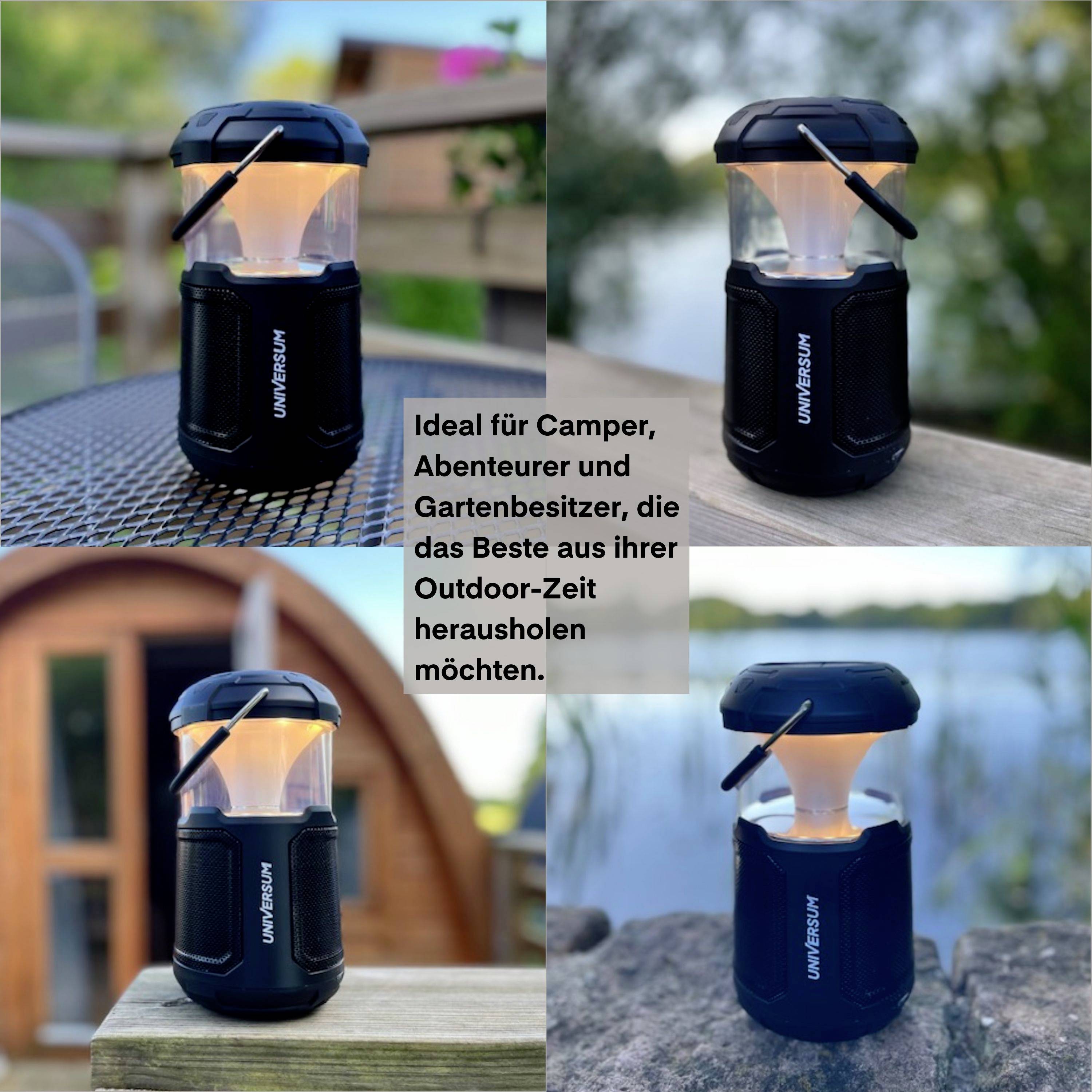 'Drei Laternen leuchten im Freien. Text erklärt ihre Eignung für Camper, Abenteurer und Gartenbesitzer.'