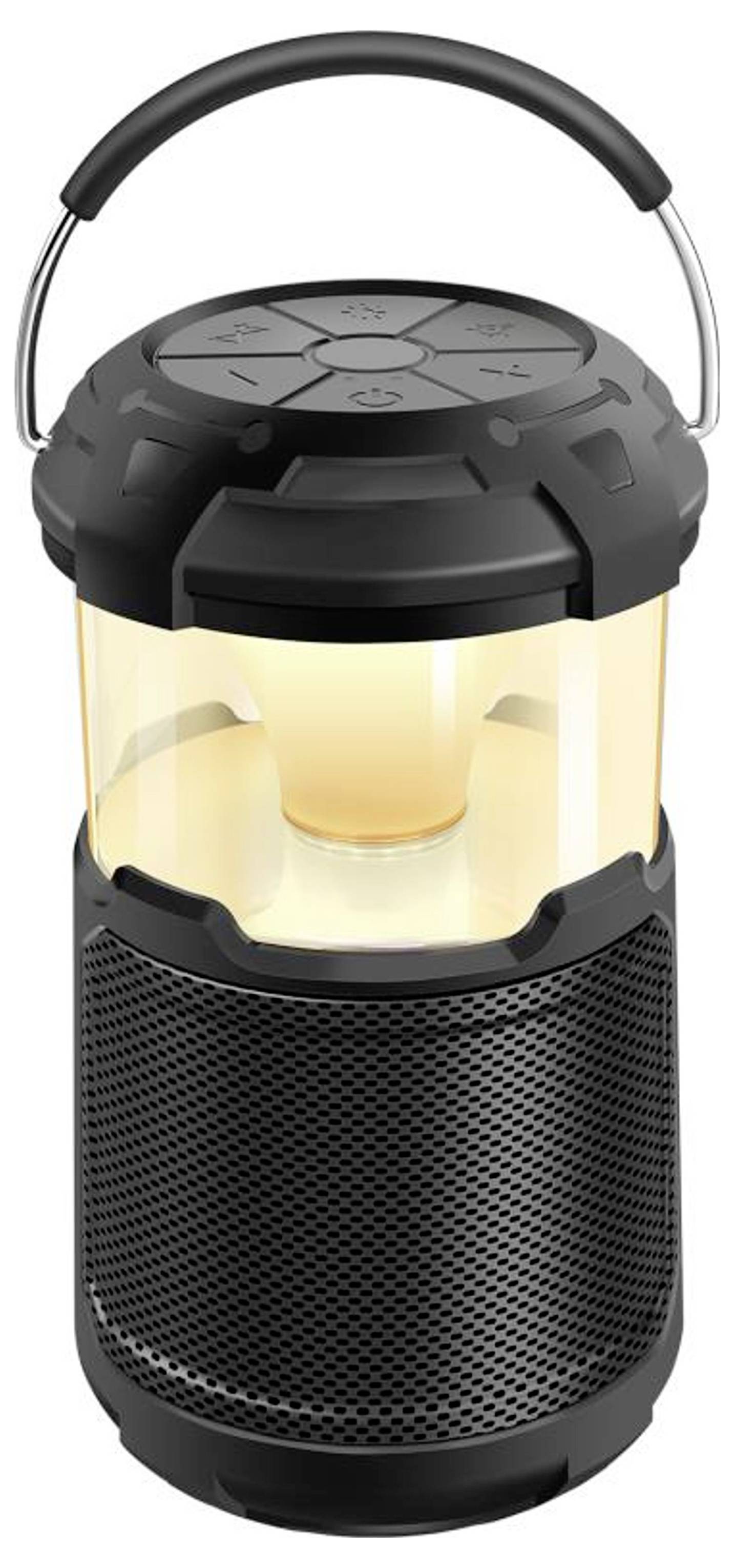 Schwarze tragbare Laterne mit integriertem Lautsprecher; leuchtet warmes Licht, Griff oben; geeignet für Outdoor-Aktivitäten.