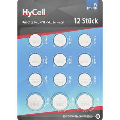 Verpackung mit 12 HyCell 3V Lithium-Knopfzellen CR2032. Warnhinweis: 'Außer Reichweite von Kindern halten'.