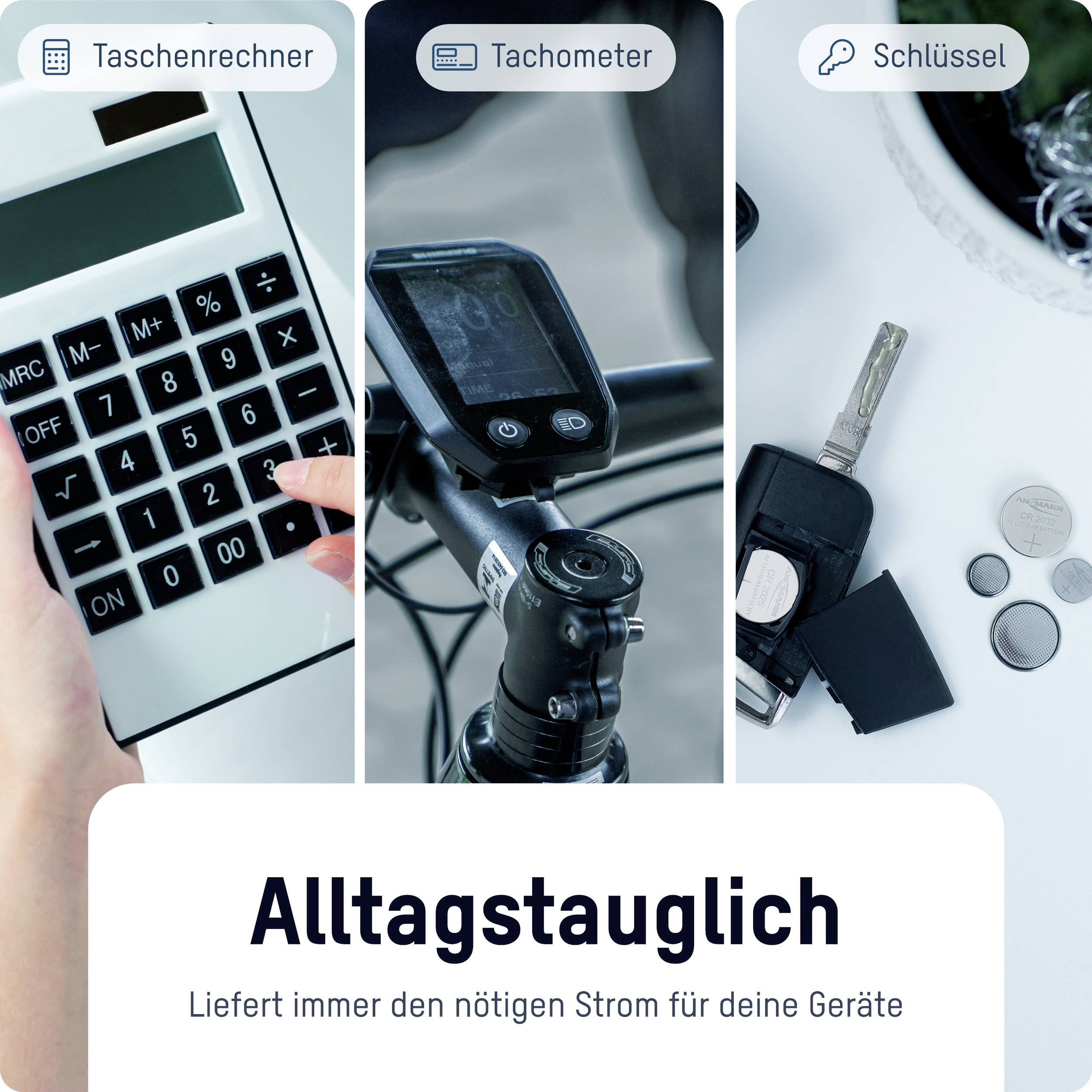 'Drei Bilder nebeneinander: Taschenrechner, Tachometer auf Fahrradlenker, Schlüssel mit Münzen. Darunter Text: Alltagstauglich.'