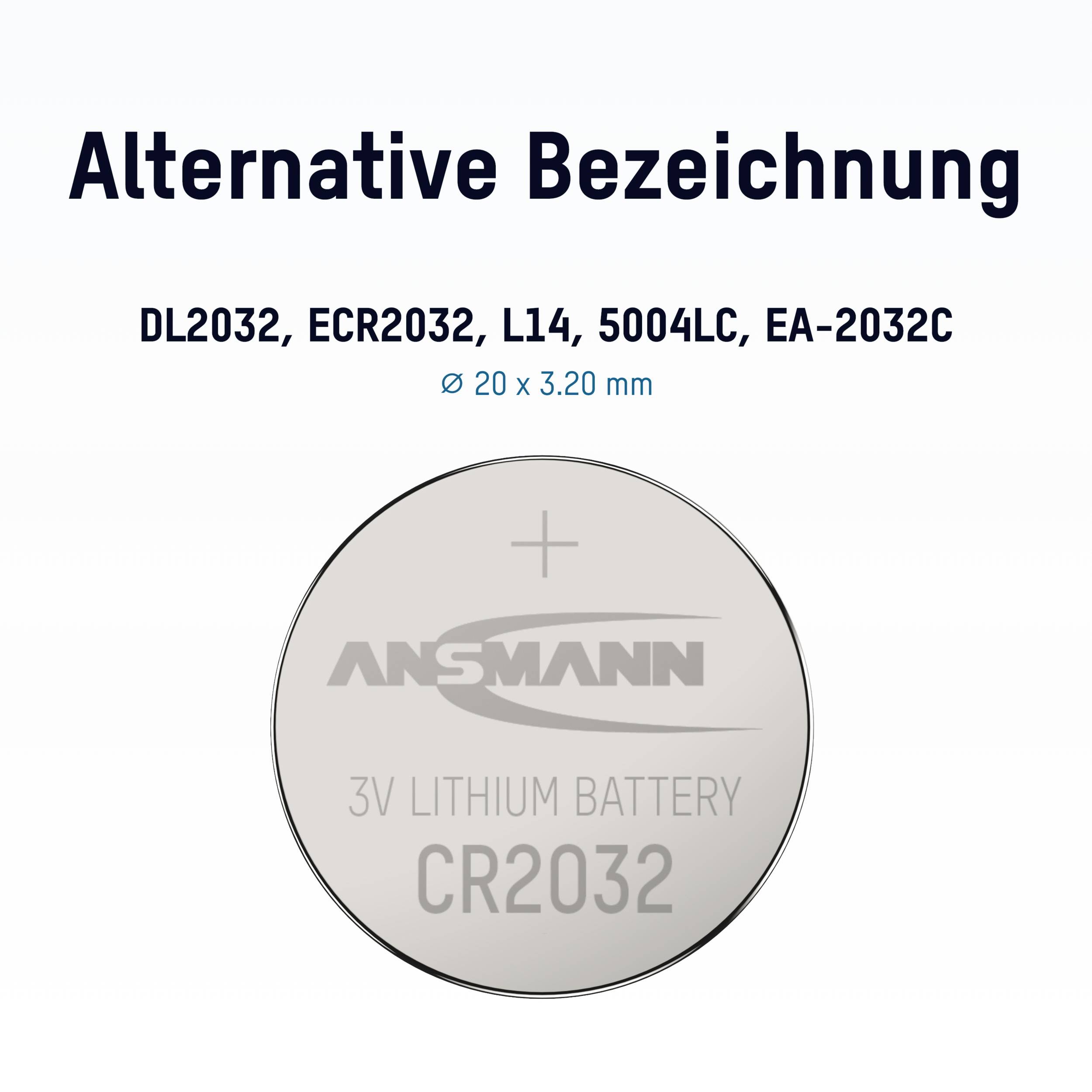 Eine CR2032 Lithium-Batterie von Ansmann mit alternativen Bezeichnungen: DL2032, ECR2032, L14, 5004LC, EA-2032C.