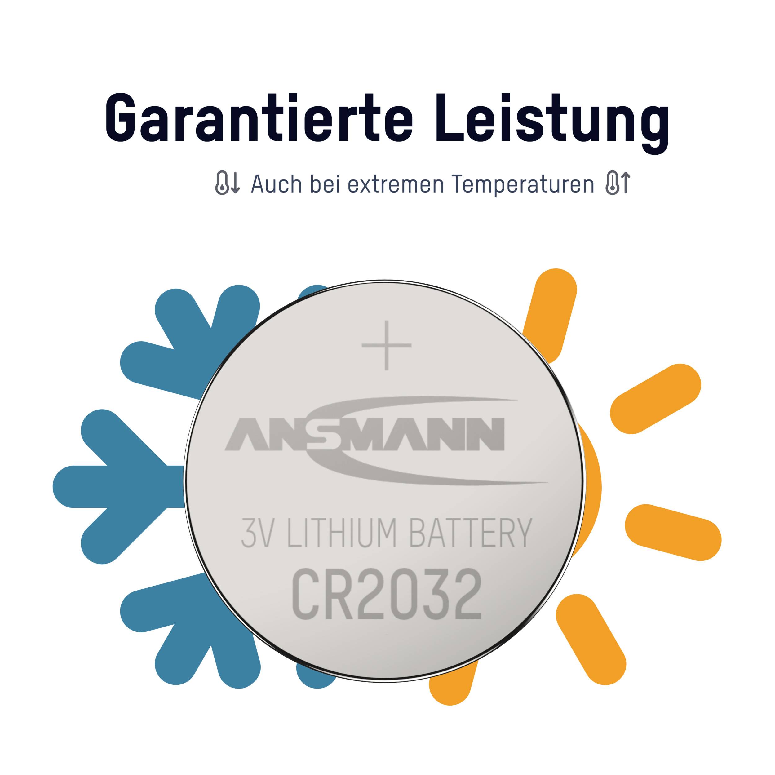 'Garantie Leistung: Auch bei extremen Temperaturen.' Eine CR2032 Lithium-Batterie umgeben von Symbolen für Kälte und Hitze.