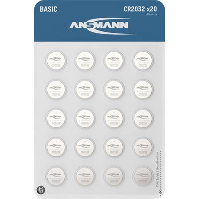 Verpackung mit 20 CR2032-Knopfzellenbatterien der Marke Ansmann, angeordnet in 4 Reihen zu je 5 Batterien.