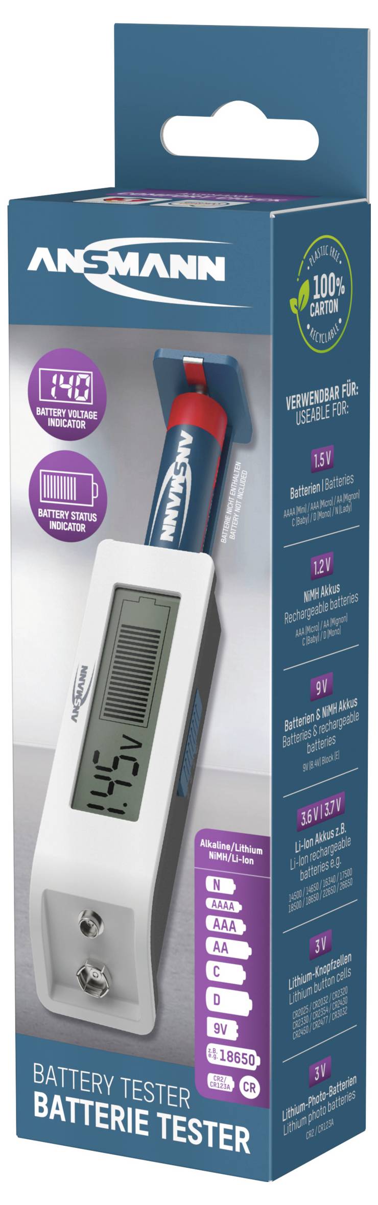 Batterietester in Verpackung, zeigt den verbleibenden Ladestand auf einem Display. Geeignet für mehrere Batterietypen.