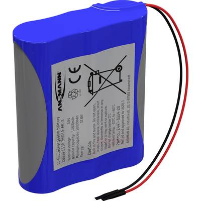 Blauer Akku mit Etikett. Warnsymbol zeigt durchgestrichenes Mülltonnen-Icon. Verkabelung an schwarzem und rotem Kabel sichtbar.