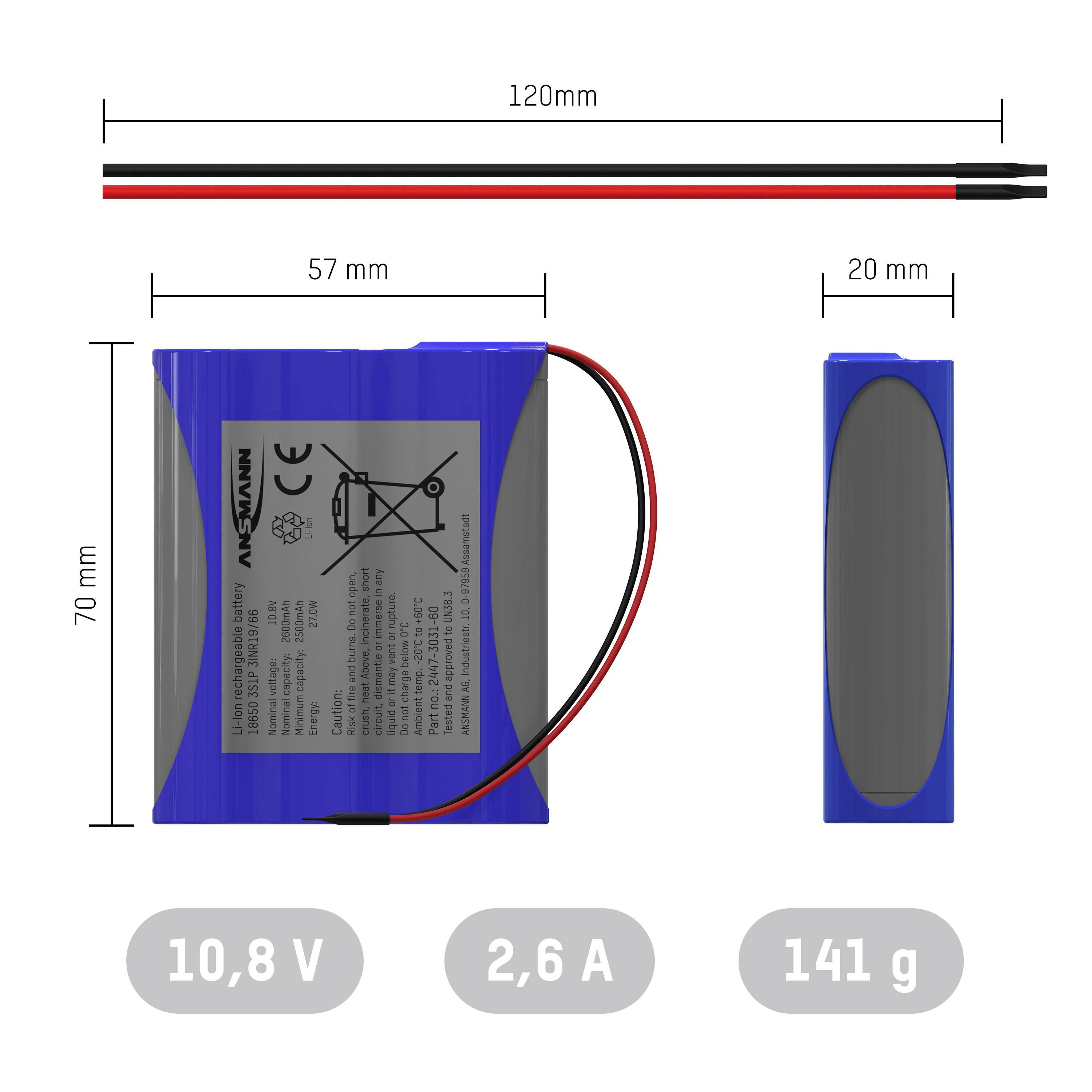 Abbildung eines blauen Akkus mit den Maßen 70x57x20 mm, Spannung 10,8 V, Kapazität 2,6 A und Gewicht 141 g. Oben zwei Kabel.