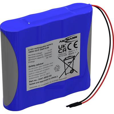 Ein blauer, wiederaufladbarer 16,4V Li-Ion-Akku mit Sicherheitsanweisungen und technischen Daten auf einem Etikett gezeigt.