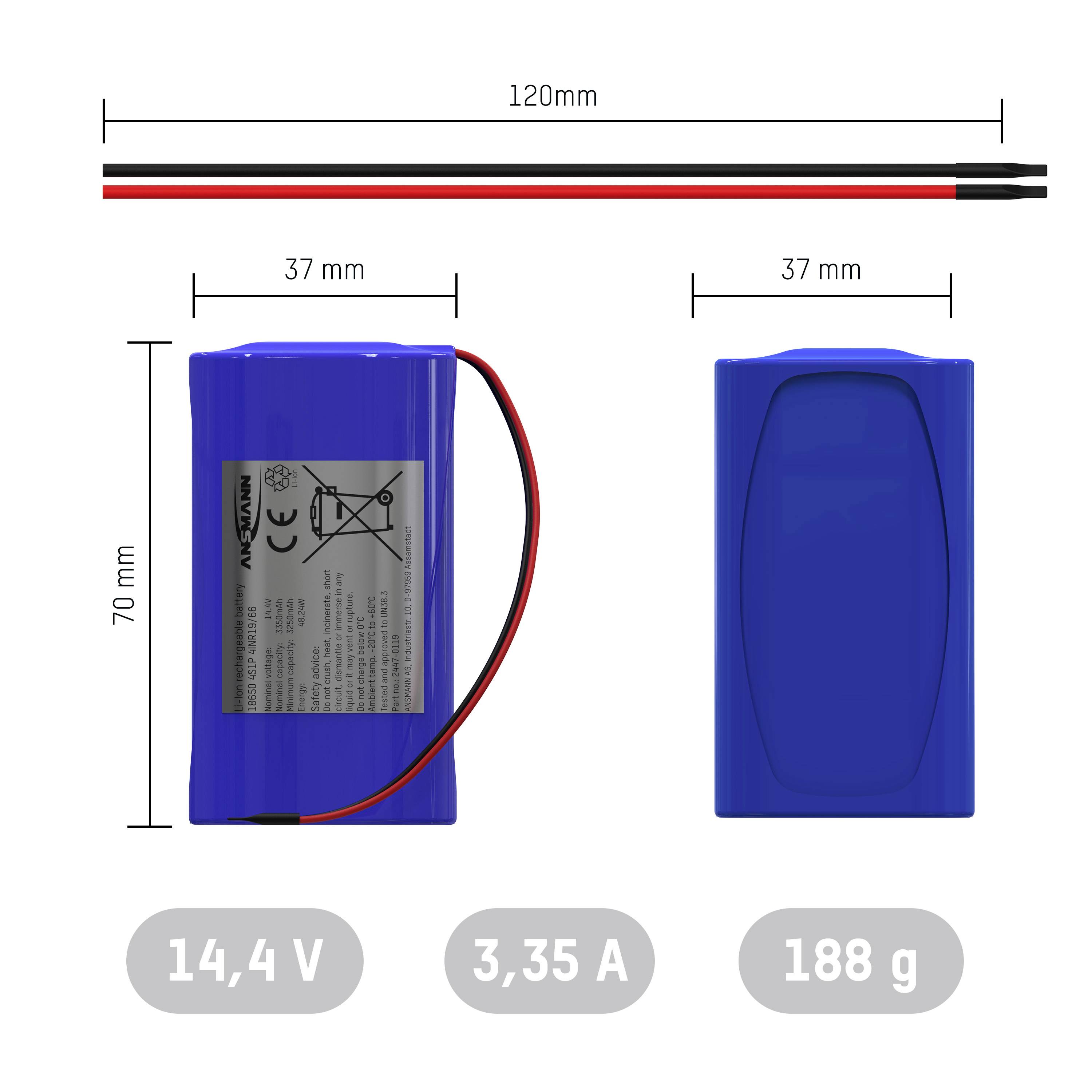 'Batteriepack mit den Maßen 120x37x70 mm und einem Gewicht von 188 g. Spezifikationen: 14,4 V, 3,35 A. Zeigt Vorder-, Seiten- und Draufsicht.'