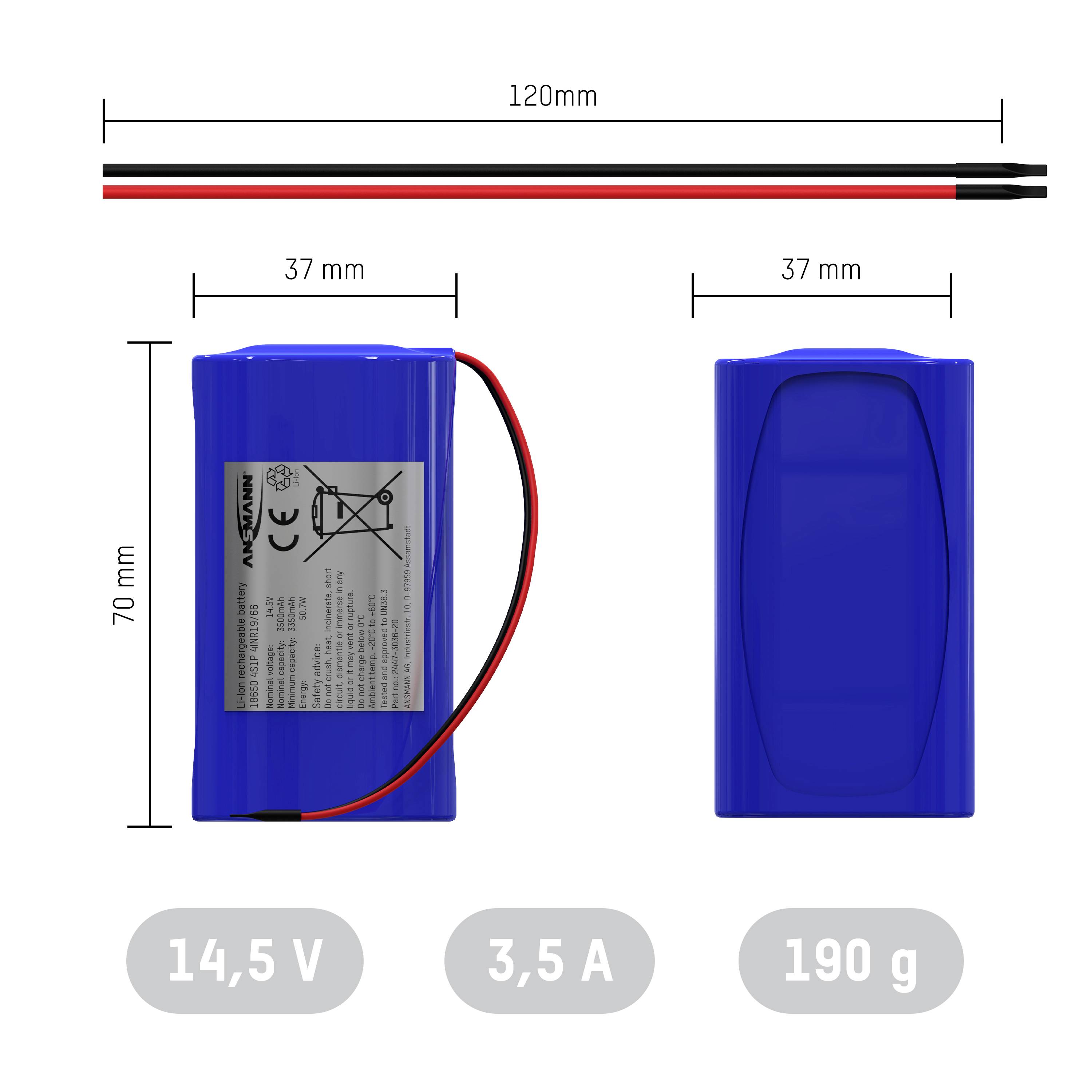 Ein blauer rechteckiger Akku mit den Maßen 70mm x 37mm. Spannung: 14,5 V, Stromstärke: 3,5 A, Gewicht: 190 g. Kabel ist 120 mm lang.