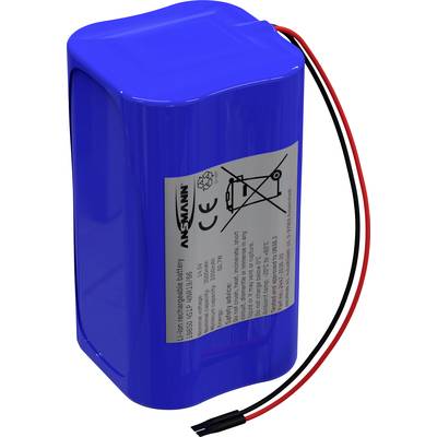 Blauer wiederaufladbarer Li-Ionen-Akku mit rotem und schwarzem Kabel und Etikett mit Spezifikationen.