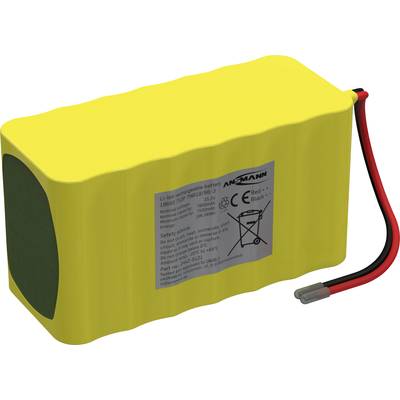 Gelber Lithium-Ionen-Akku mit schwarzen und roten Kabeln, Typ '18650 4S1P', Kapazität 2200mAh, mit Sicherheits- und Entsorgungshinweisen.
