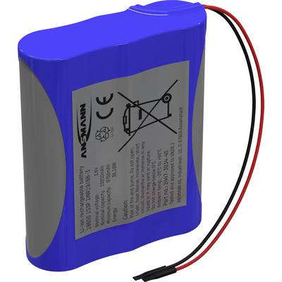 Blauer Lithium-Ionen-Akku mit grauem Etikett und roten/schwarzen Kabeln. Etikett zeigt Herstellerlogo und Warnhinweise.