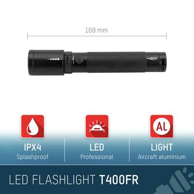 'Taschenlampe T400FR: Länge 168 mm, spritzwassergeschützt (IPX4), professionelle LED, leichtes Aluminiumgehäuse.'