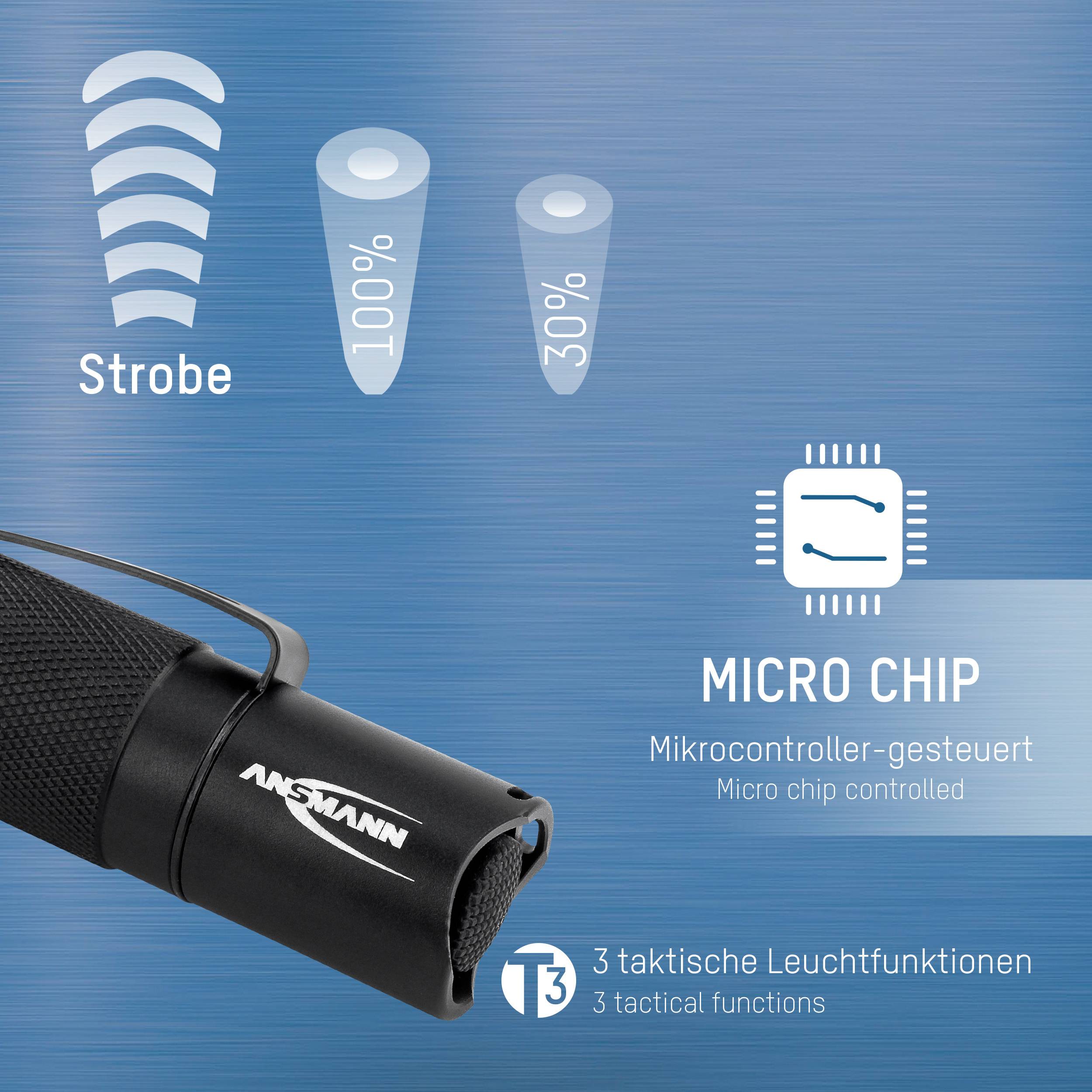 Taschenlampe mit schwarzem Griff und drei Lichtmodi: Strobe, 100%, Mikrocontroller-gesteuert. Text erwähnt 'Micro Chip' Funktionalität.