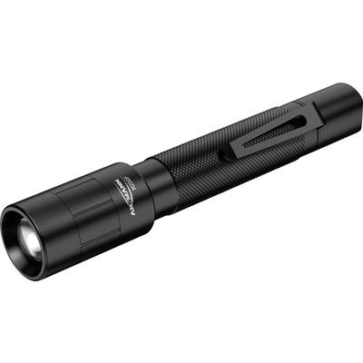 Schwarze Taschenlampe mit strukturiertem Griff und Metallclip, kompakt und leicht, ideal für Outdoor-Aktivitäten oder Notfälle.