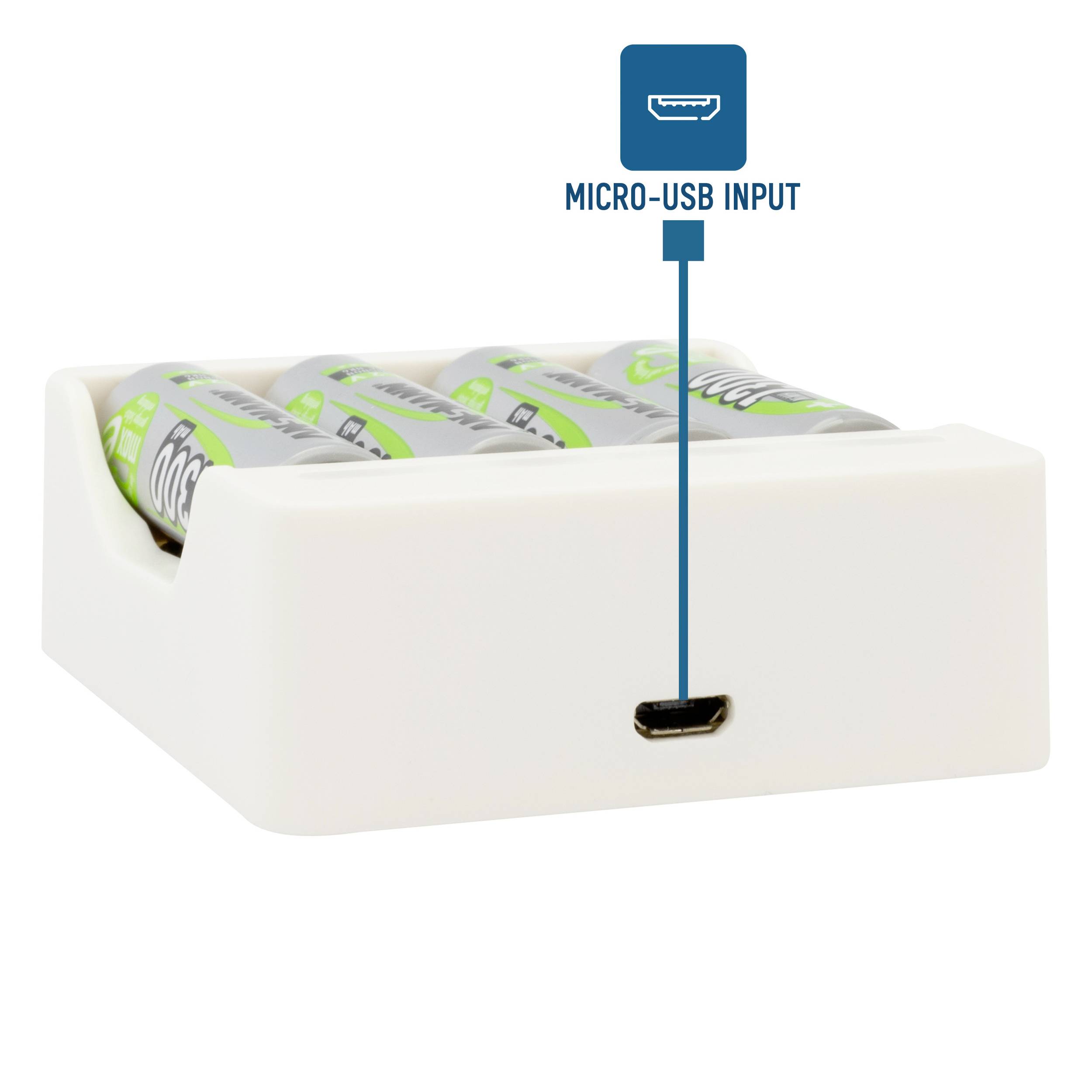 Weißes Ladegerät mit vier grünen Akkus, Rückseite zeigt Micro-USB-Eingang. Oben Hinweistext: 'Micro-USB Input'.