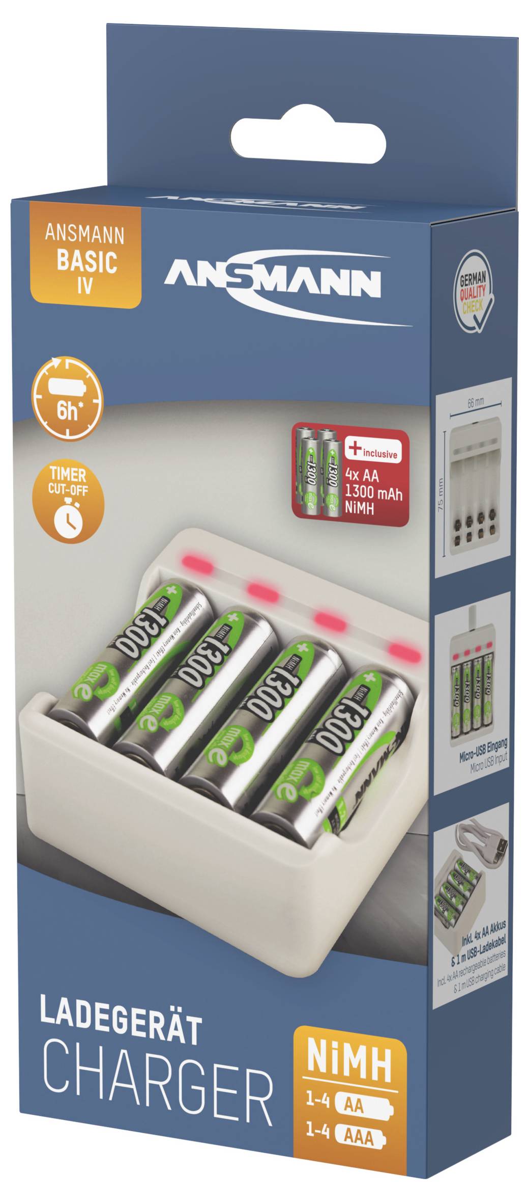 Ladegerät für AA- und AAA-Batterien; enthält vier aufladbare Batterien und LED-Anzeigen. Verpackung in Blau mit Markenlogo.