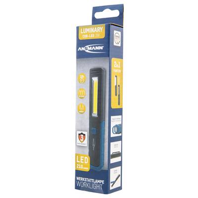 Eine blaue Ansmann Werkstattlampe mit 'COB-LED 3W', 210 Lumen, zeigt Funktionen wie 12h Laufzeit und Haken. Verpackung mit Bild der Lampe.