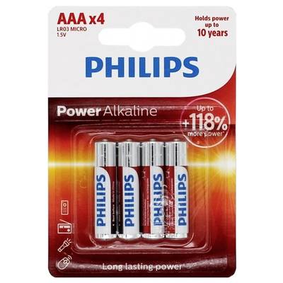 Eine Packung mit vier Philips AAA Alkaline-Batterien, die lang anhaltende Leistung bieten. Verpackung hebt bis zu 118% mehr Leistung hervor.