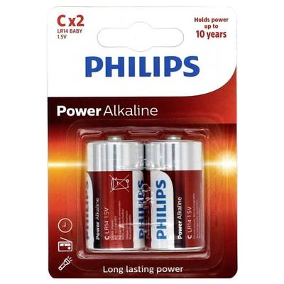 'Philips Power Alkaline C x2 Batterien', Blisterpackung mit zwei 1,5V C-Batterien, geeignet für langlebige Leistung und 10 Jahre haltbar.