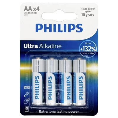 'PHILIPS' Batterien, AA x4, Ultra Alkaline, hält bis zu 10 Jahre, 132% mehr Leistung, inklusive 4 Batterien in Plastikverpackung.