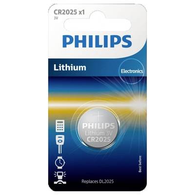 Eine Philips Lithium-Knopfzellenbatterie CR2025 auf blauer Verpackung. Geeignet für Elektronikgeräte. 3V, ersetzt DL2025.
