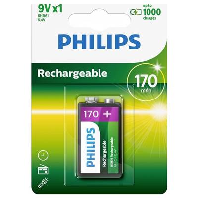 Philips wiederaufladbare 9V-Batterie, 170mAh. Verpackung zeigt Batterie mit aufgedruckter Kapazität und Markenname.