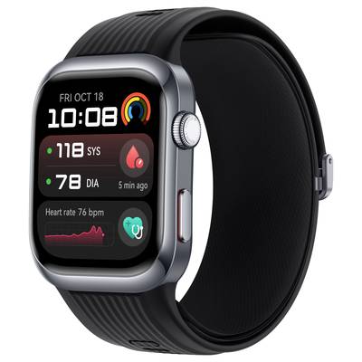 Eine Smartwatch zeigt Gesundheitsdaten: Datum, Uhrzeit, Blutdruck '118 SYS/78 DIA', Herzfrequenz '76 bpm' und Gesundheits-App-Symbole.