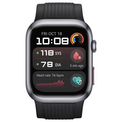 Smartwatch-Bildschirm zeigt: Datum Fr., 18. Okt., Uhrzeit 10:08, Blutdruck 118/78, Herzfrequenz 76 bpm, Diagramm mit Herzverlauf.