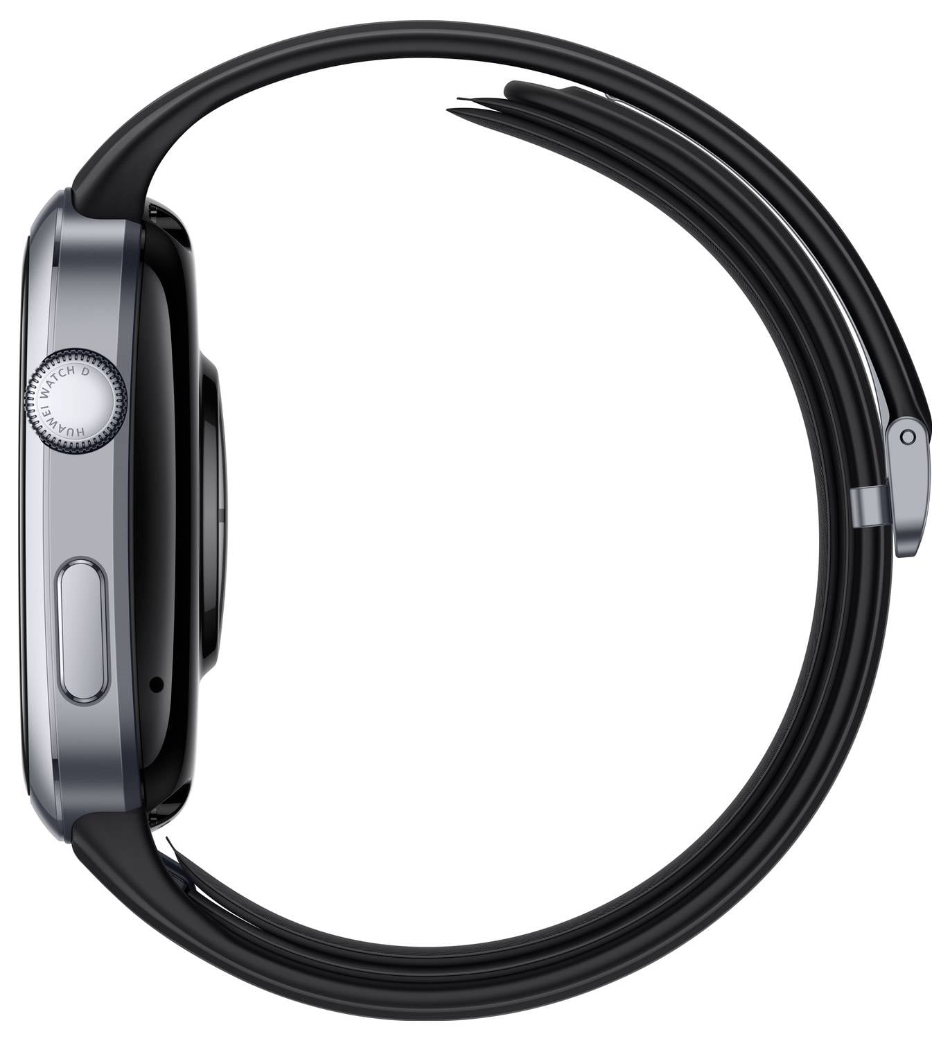 Eine seitliche Abbildung einer Uhr mit abgerundetem Ziffernblatt und schwarzem Armband. Die Uhrkrone befindet sich links.