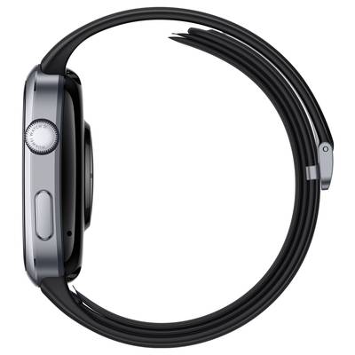 Eine seitliche Abbildung einer Uhr mit abgerundetem Ziffernblatt und schwarzem Armband. Die Uhrkrone befindet sich links.