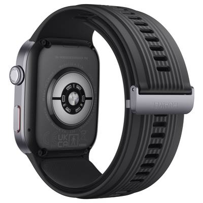 Eine Smartwatch mit schwarzem Armband und grauem Gehäuse, dargestellt von der Seite, zeigt die Rückseite mit Sensoren und Markenlogo.
