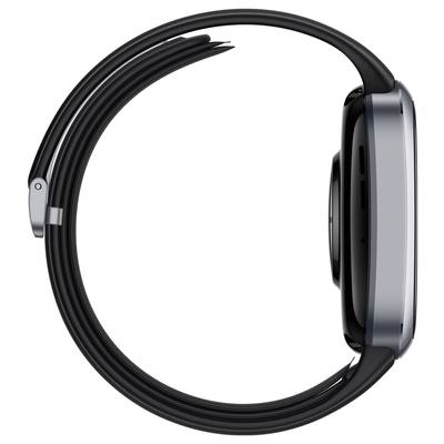 Schwarze Smartwatch seitlich, mit rundem Gehäuse, schwarz-grauem Armband und glattem Gehäuseprofil.