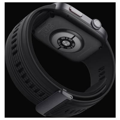 Smartwatch mit schwarzem Armband und silbernem Gehäuse, dargestellt von der Rückseite, auf einem schwarzen Hintergrund.