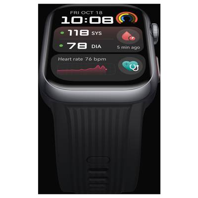 Smartwatch zeigt Datum, Uhrzeit, Blutdruck (118 SYS, 78 DIA), Herzfrequenz (76 bpm) und Symbole für Gesundheitsdaten und Warnungen.