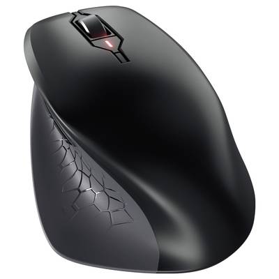 Eine schwarze kabellose Computermaus mit ergonomischem Design und rutschfestem Griff, sichtbar von der Seite.