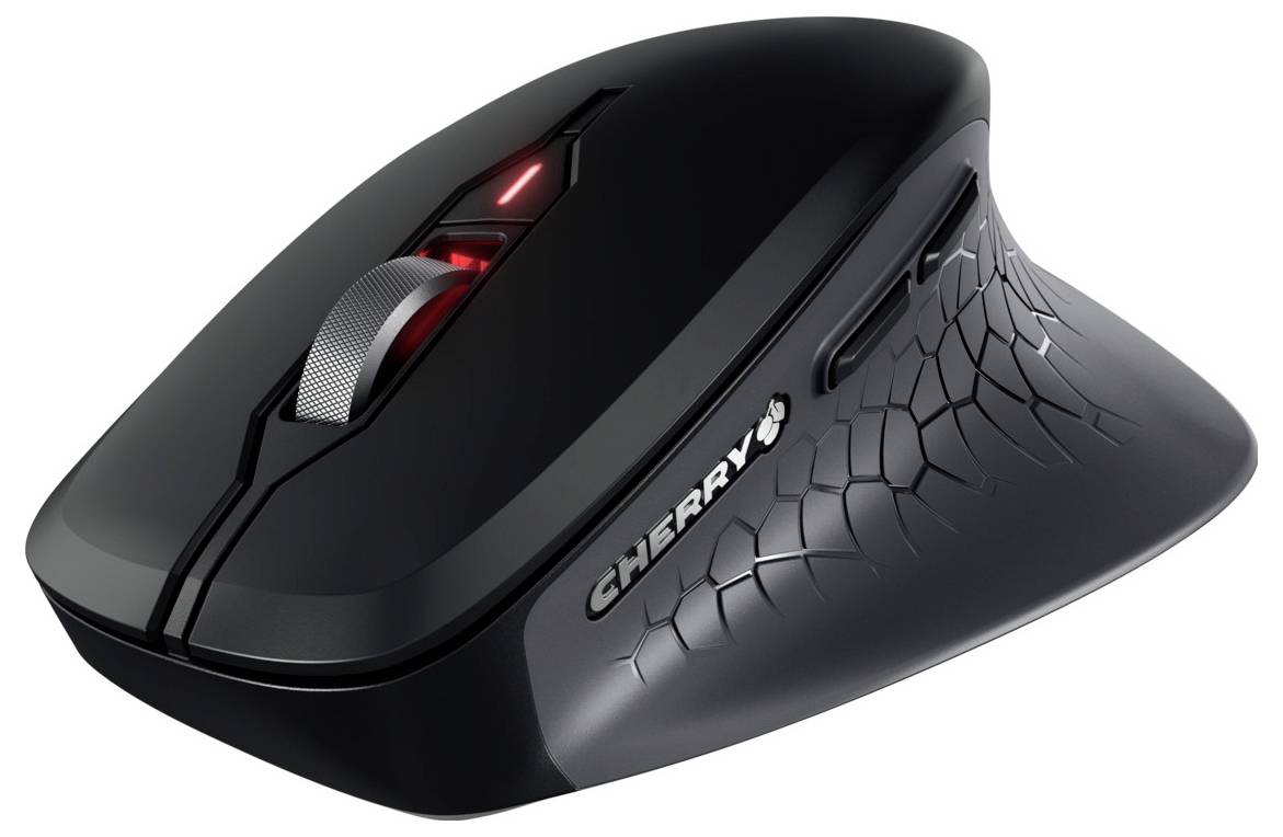Schwarze ergonomische Computermaus mit strukturiertem Griff und seitlichem Scrollrad, markiert mit dem Markennamen 'CHERRY'.
