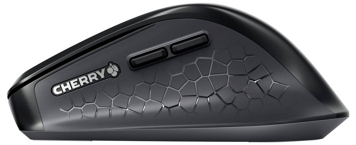 Ergonomische schwarze Computermaus mit strukturierter Oberfläche und zwei seitlichen Tasten.