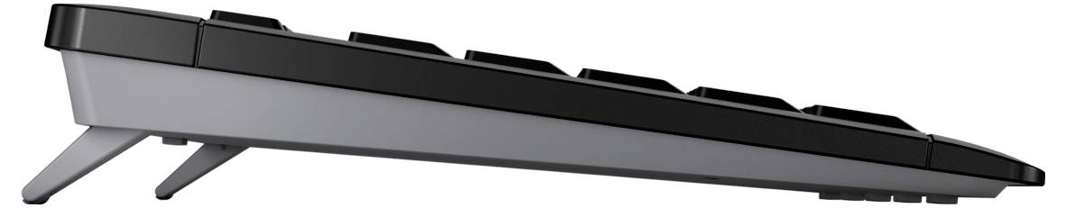 Seitliche Ansicht einer schwarzen Computertastatur mit aufgestellten, verstellbaren Standfüßen.