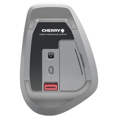 Unterseite einer grauen Computermaus der Marke Cherry mit schwarzem Logo und Batterieabdeckung sowie Ein-/Ausschalter.