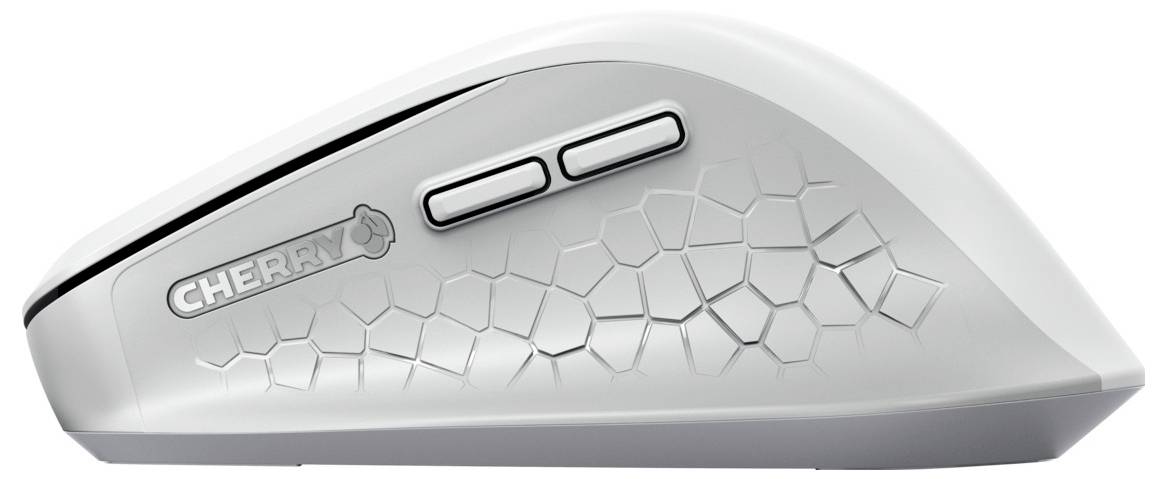 Weiße Computermaus seitlich mit zwei Daumentasten und Strukturmuster; Marke 'CHERRY' ist sichtbar.