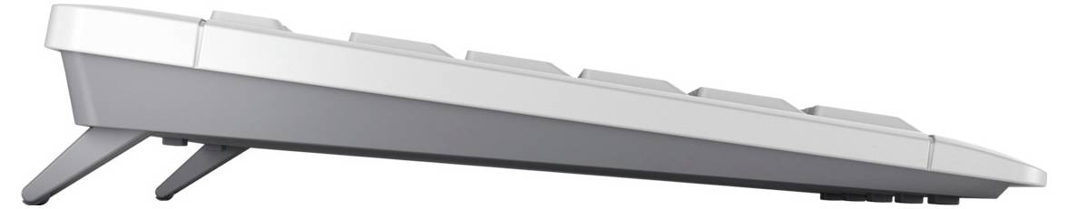 Seitliche Ansicht einer geneigten Computertastatur mit ausklappbaren Standfüßen.